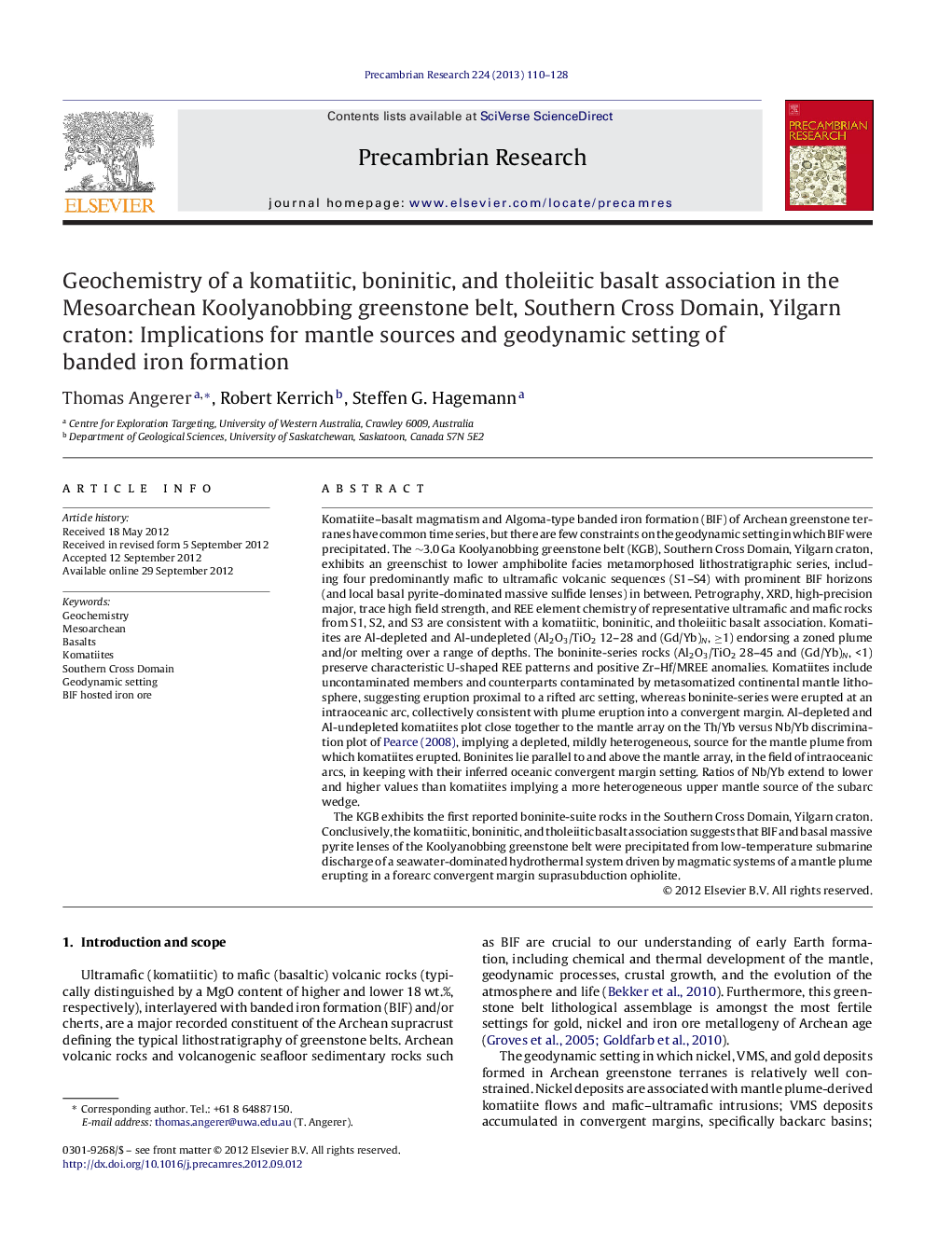 Geochemistry of a komatiitic, boninitic, and tholeiitic basalt association in the Mesoarchean Koolyanobbing greenstone belt, Southern Cross Domain, Yilgarn craton: Implications for mantle sources and geodynamic setting of banded iron formation