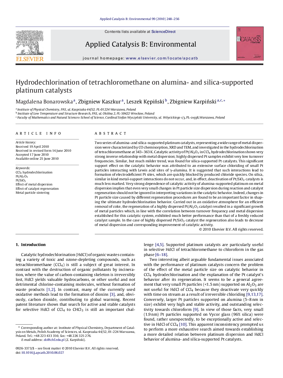 Hydrodechlorination of tetrachloromethane on alumina- and silica-supported platinum catalysts