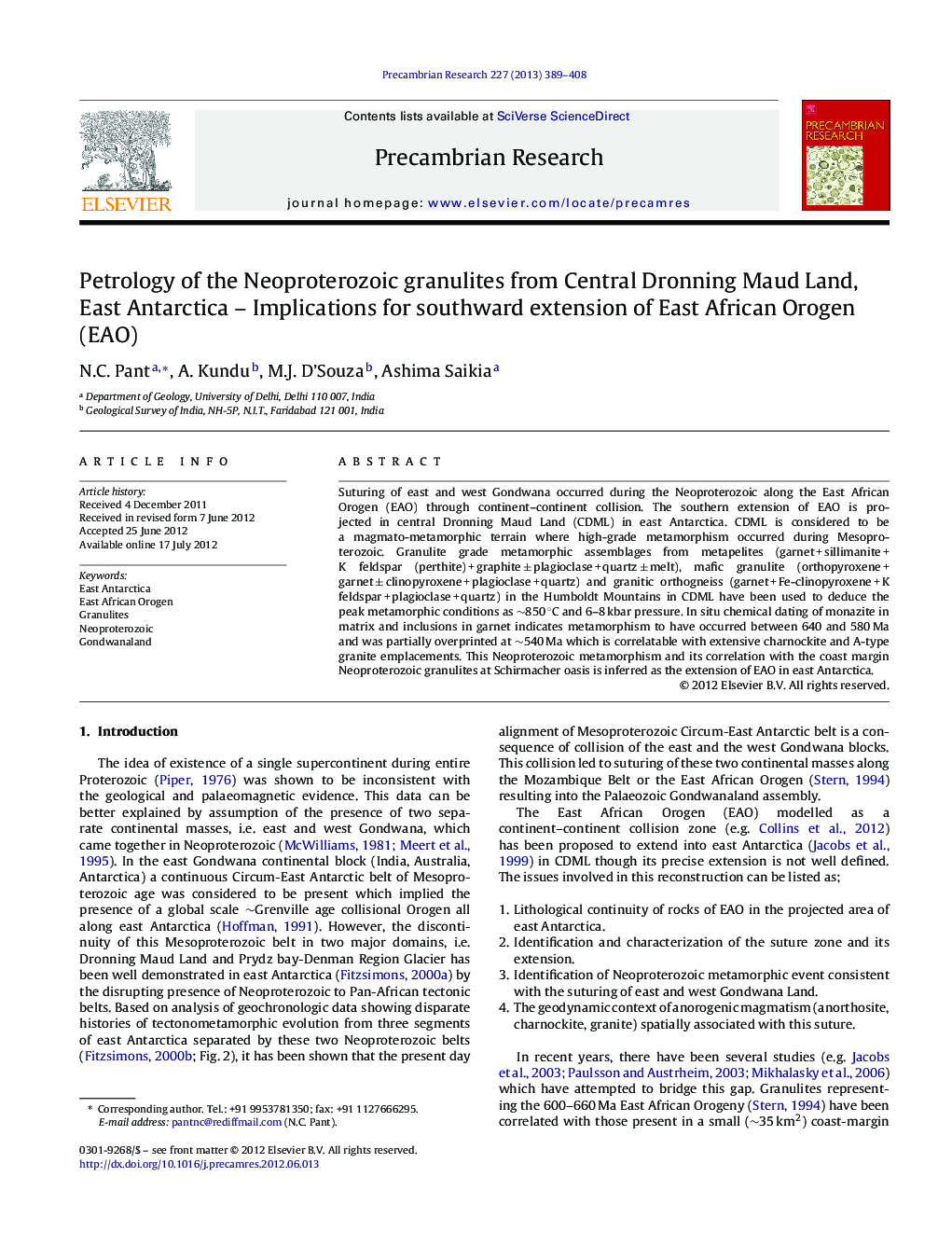 Petrology of the Neoproterozoic granulites from Central Dronning Maud Land, East Antarctica – Implications for southward extension of East African Orogen (EAO)