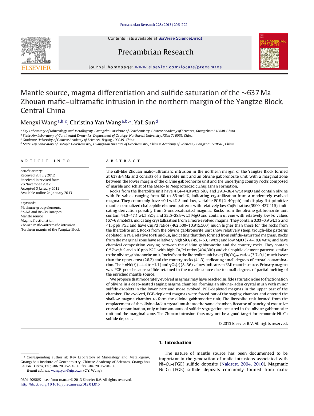 Mantle source, magma differentiation and sulfide saturation of the ∼637 Ma Zhouan mafic–ultramafic intrusion in the northern margin of the Yangtze Block, Central China