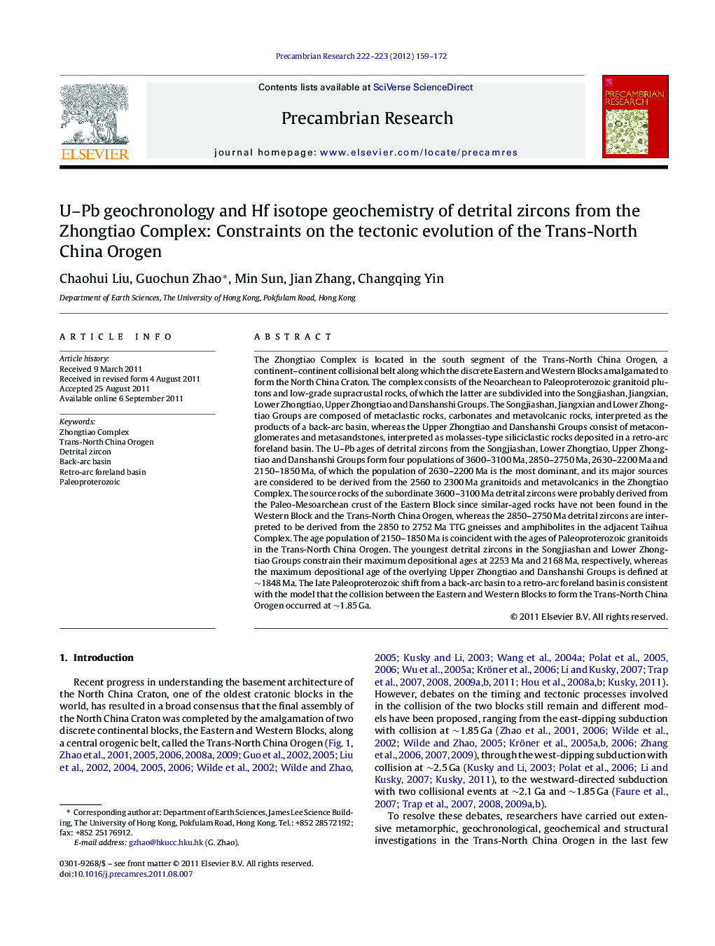 U–Pb geochronology and Hf isotope geochemistry of detrital zircons from the Zhongtiao Complex: Constraints on the tectonic evolution of the Trans-North China Orogen