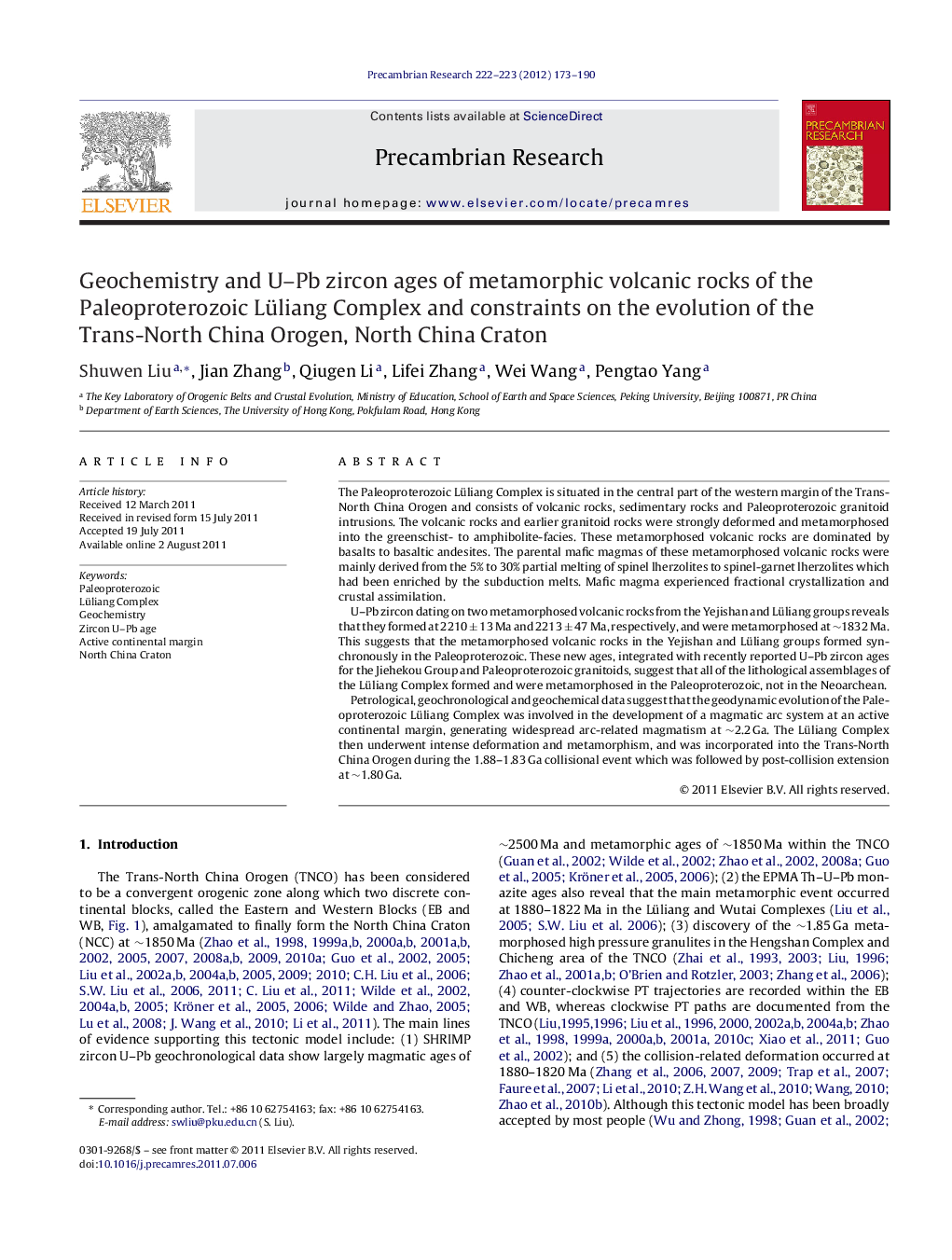 Geochemistry and U–Pb zircon ages of metamorphic volcanic rocks of the Paleoproterozoic Lüliang Complex and constraints on the evolution of the Trans-North China Orogen, North China Craton