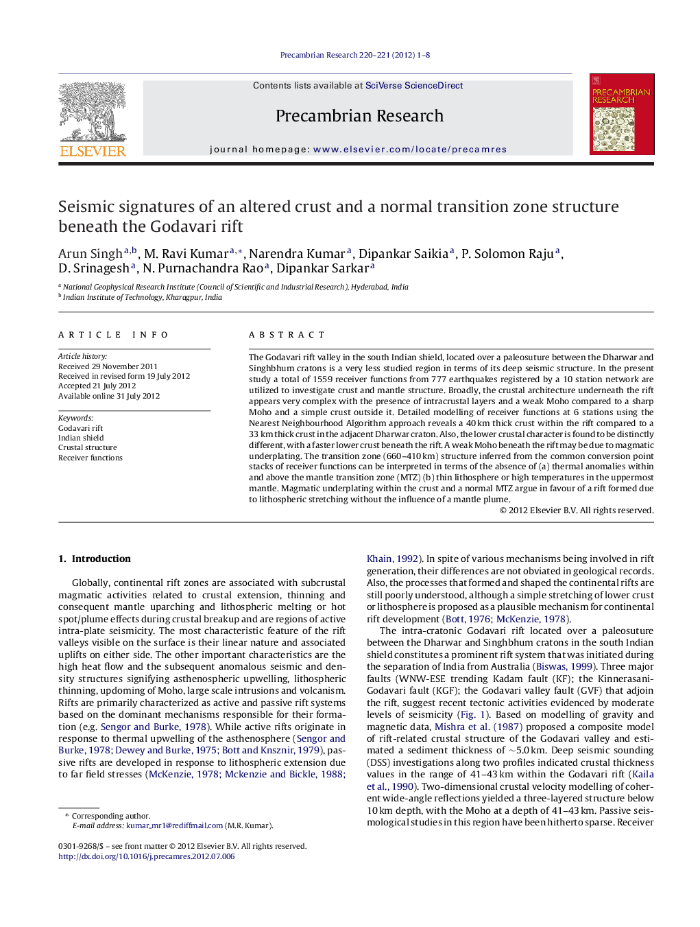 Seismic signatures of an altered crust and a normal transition zone structure beneath the Godavari rift