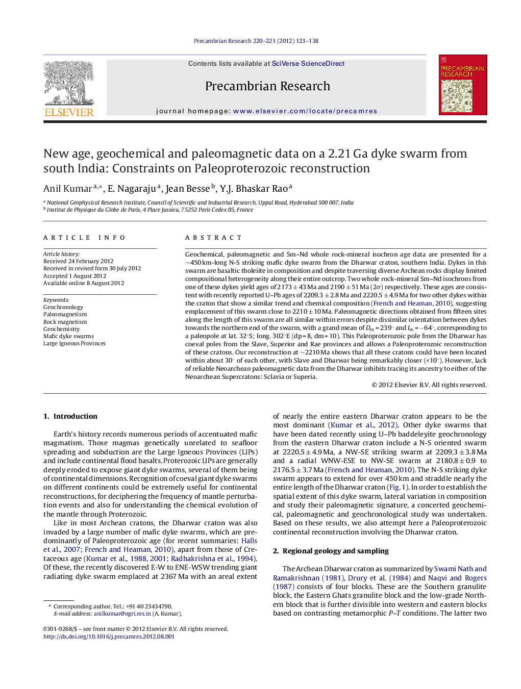 New age, geochemical and paleomagnetic data on a 2.21 Ga dyke swarm from south India: Constraints on Paleoproterozoic reconstruction