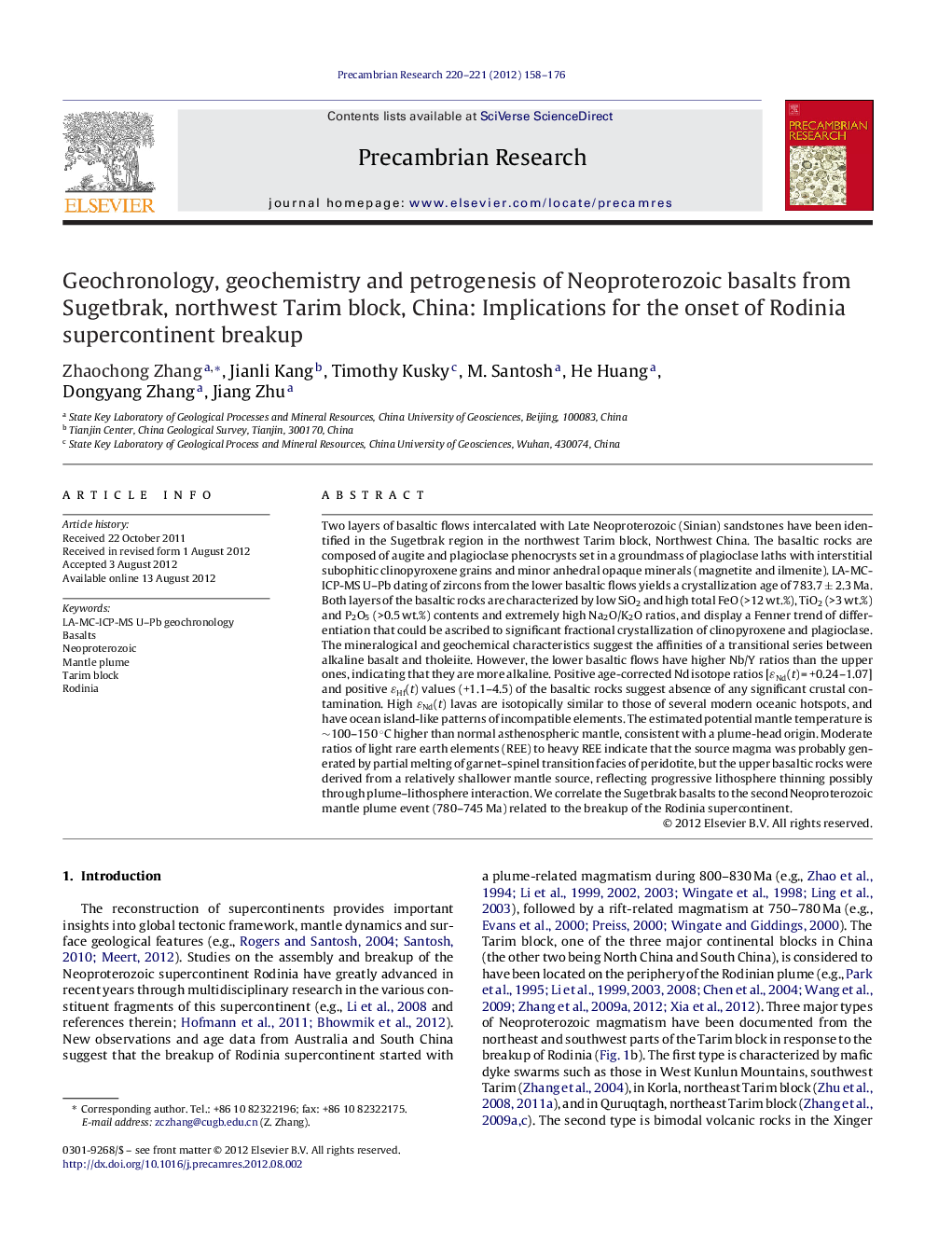 Geochronology, geochemistry and petrogenesis of Neoproterozoic basalts from Sugetbrak, northwest Tarim block, China: Implications for the onset of Rodinia supercontinent breakup