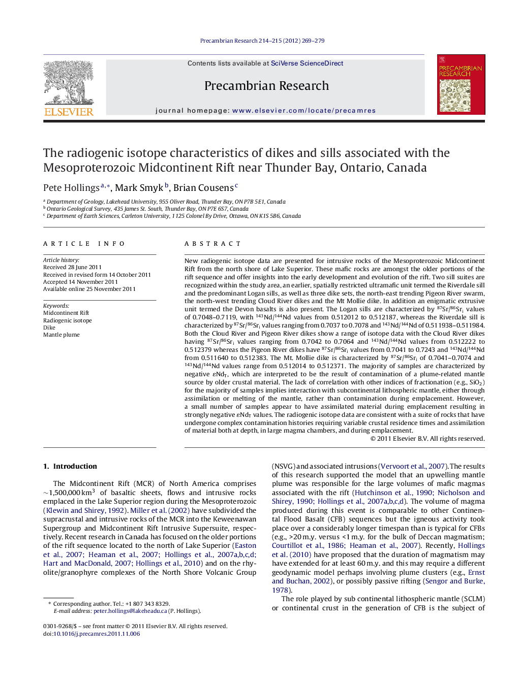 The radiogenic isotope characteristics of dikes and sills associated with the Mesoproterozoic Midcontinent Rift near Thunder Bay, Ontario, Canada