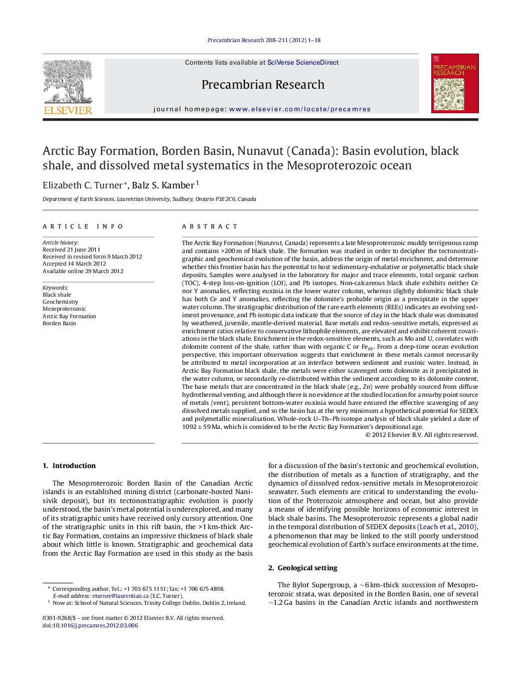 Arctic Bay Formation, Borden Basin, Nunavut (Canada): Basin evolution, black shale, and dissolved metal systematics in the Mesoproterozoic ocean