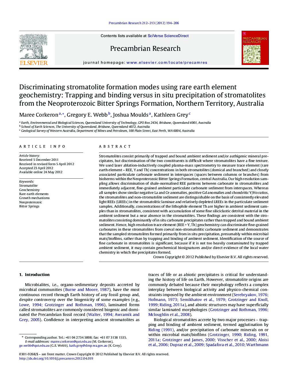 Discriminating stromatolite formation modes using rare earth element geochemistry: Trapping and binding versus in situ precipitation of stromatolites from the Neoproterozoic Bitter Springs Formation, Northern Territory, Australia