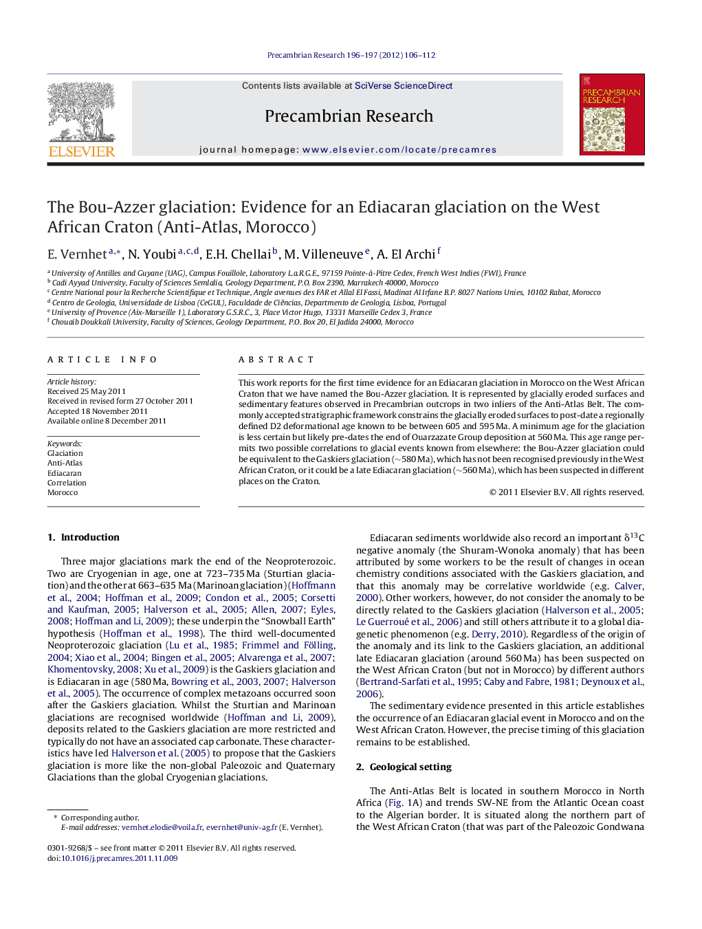 The Bou-Azzer glaciation: Evidence for an Ediacaran glaciation on the West African Craton (Anti-Atlas, Morocco)