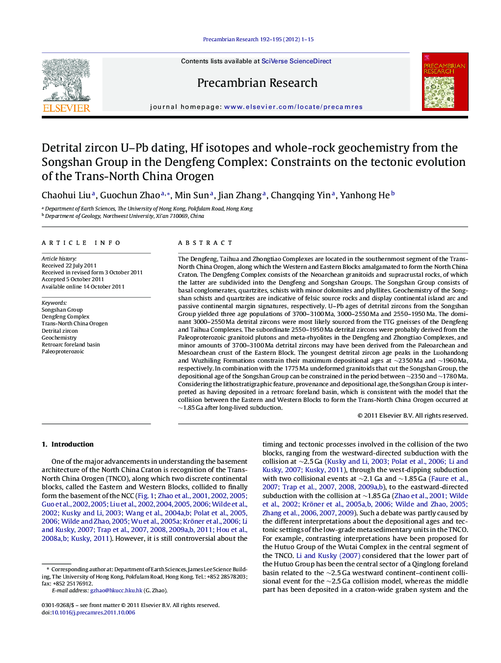 Detrital zircon U–Pb dating, Hf isotopes and whole-rock geochemistry from the Songshan Group in the Dengfeng Complex: Constraints on the tectonic evolution of the Trans-North China Orogen