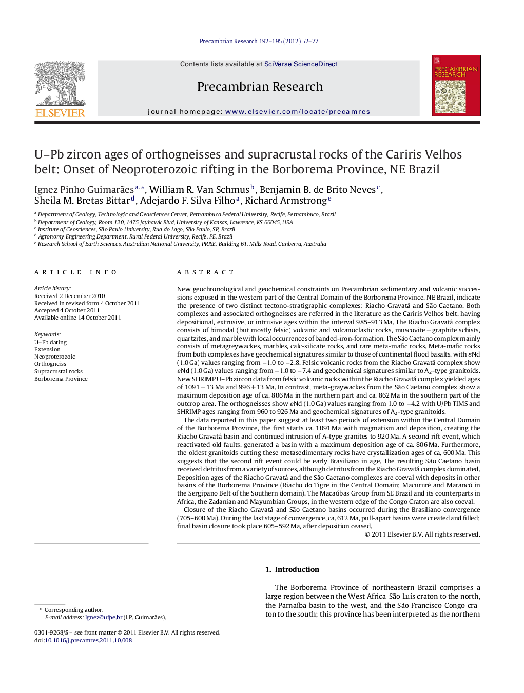 U–Pb zircon ages of orthogneisses and supracrustal rocks of the Cariris Velhos belt: Onset of Neoproterozoic rifting in the Borborema Province, NE Brazil