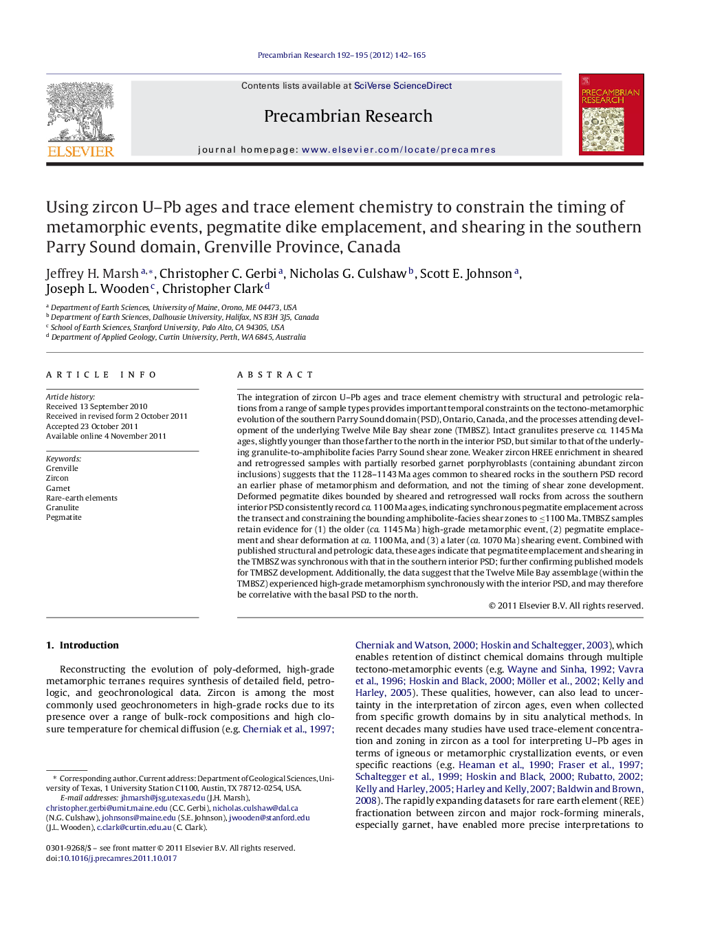 Using zircon U–Pb ages and trace element chemistry to constrain the timing of metamorphic events, pegmatite dike emplacement, and shearing in the southern Parry Sound domain, Grenville Province, Canada