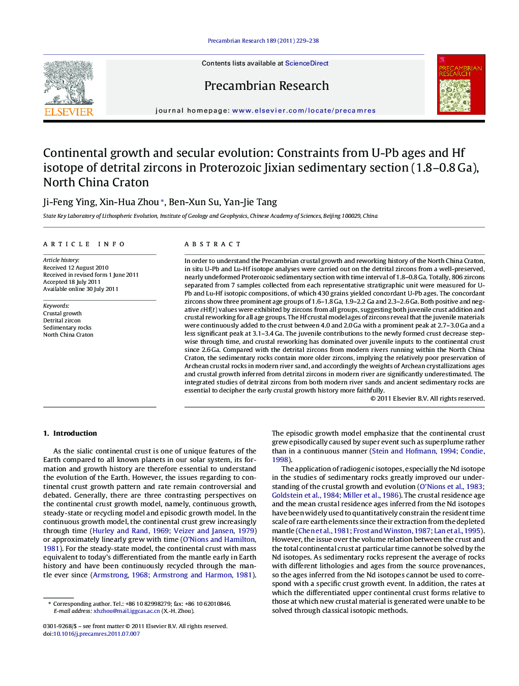 Continental growth and secular evolution: Constraints from U-Pb ages and Hf isotope of detrital zircons in Proterozoic Jixian sedimentary section (1.8–0.8 Ga), North China Craton