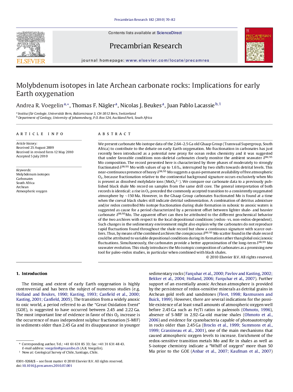عکس صفحه اول مقاله: Molybdenum isotopes in late Archean carbonate rocks: Implications for early Earth oxygenation Molybdenum isotopes in late Archean carbonate rocks: Implications for early Earth oxygenation