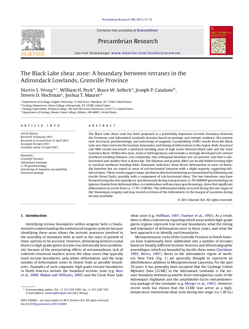 The Black Lake shear zone: A boundary between terranes in the Adirondack Lowlands, Grenville Province