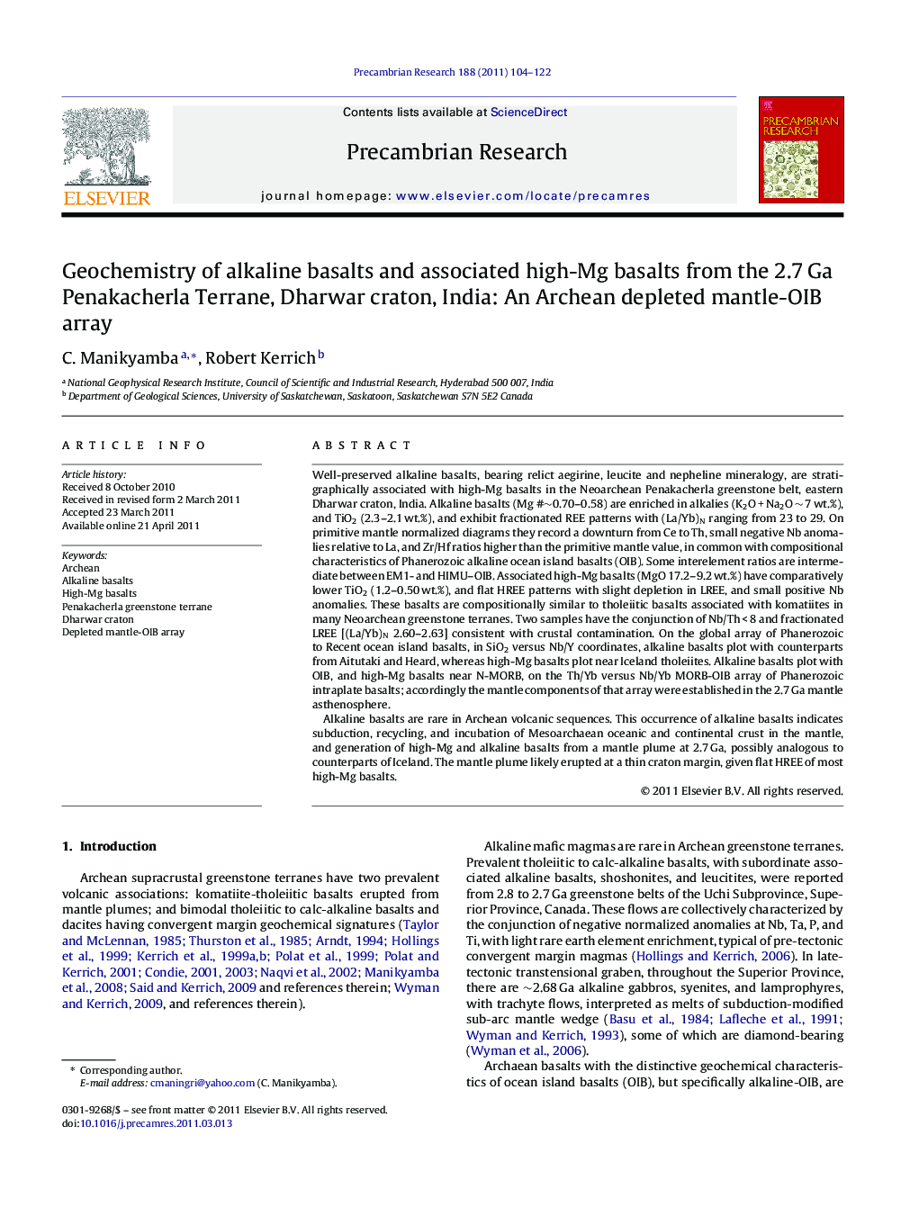 Geochemistry of alkaline basalts and associated high-Mg basalts from the 2.7 Ga Penakacherla Terrane, Dharwar craton, India: An Archean depleted mantle-OIB array