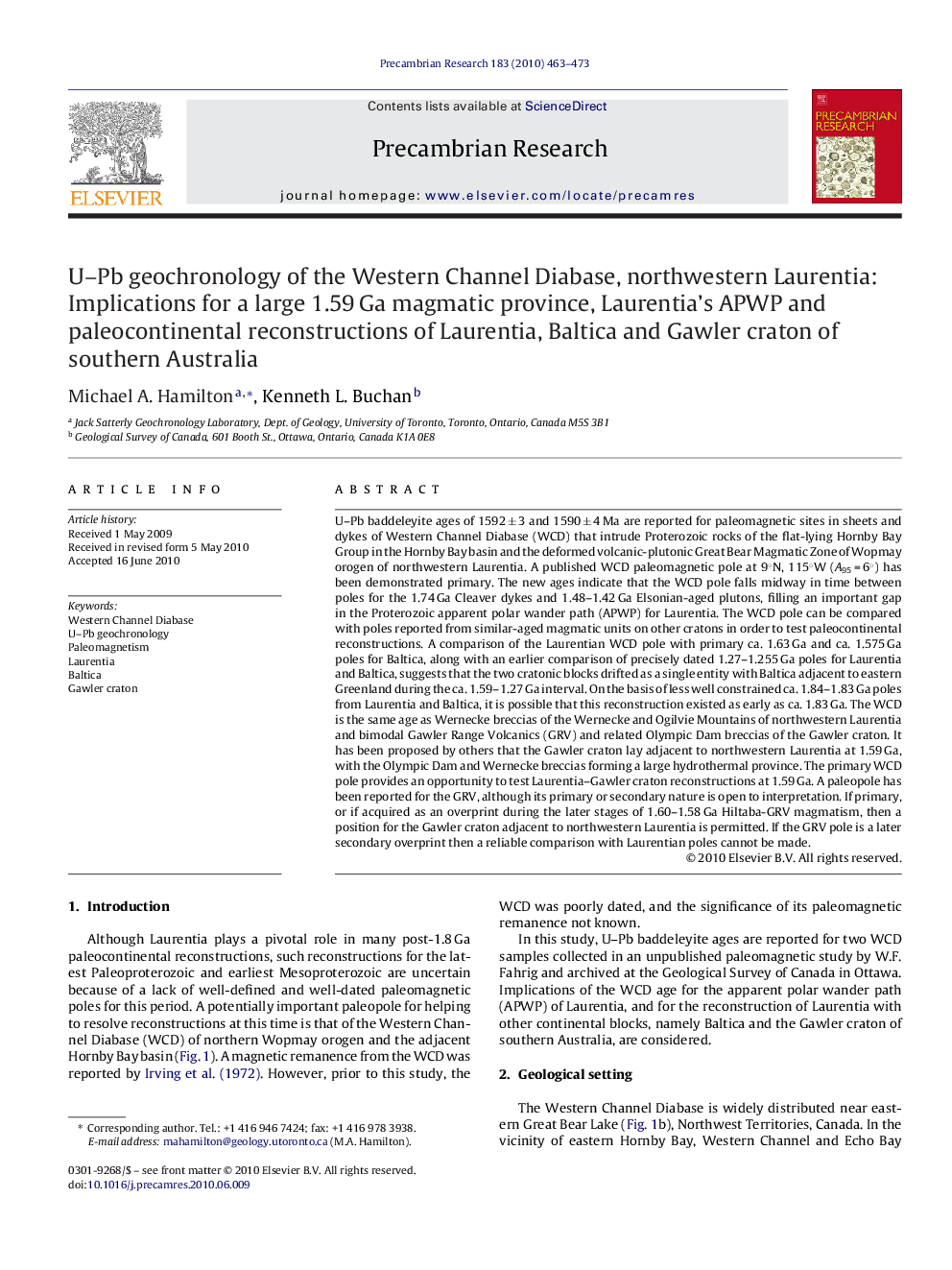 U–Pb geochronology of the Western Channel Diabase, northwestern Laurentia: Implications for a large 1.59 Ga magmatic province, Laurentia's APWP and paleocontinental reconstructions of Laurentia, Baltica and Gawler craton of southern Australia