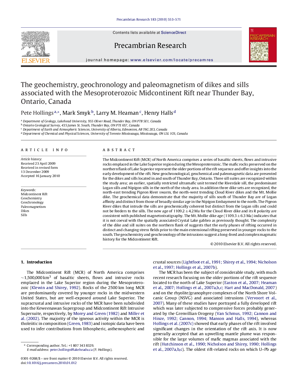 The geochemistry, geochronology and paleomagnetism of dikes and sills associated with the Mesoproterozoic Midcontinent Rift near Thunder Bay, Ontario, Canada