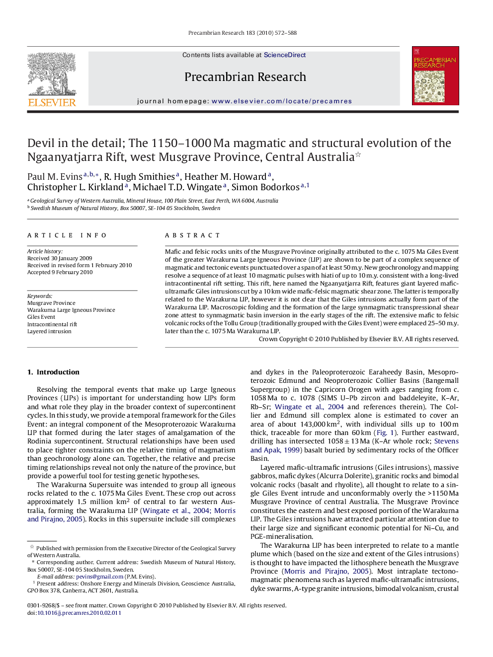 Devil in the detail; The 1150–1000 Ma magmatic and structural evolution of the Ngaanyatjarra Rift, west Musgrave Province, Central Australia 