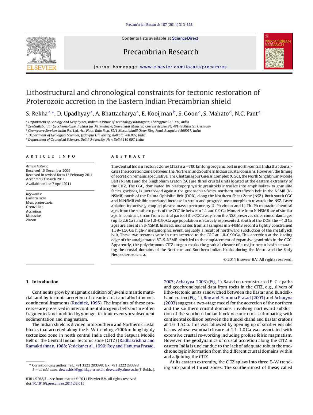 عکس صفحه اول مقاله: Lithostructural and chronological constraints for tectonic restoration of Proterozoic accretion in the Eastern Indian Precambrian shield Lithostructural and chronological constraints for tectonic restoration of Proterozoic accretion in the Eastern Indian Precambrian shield