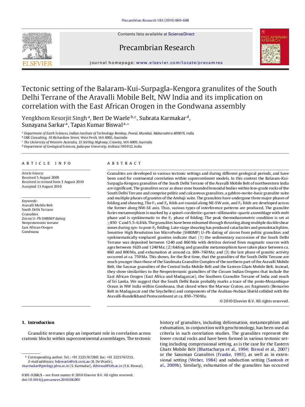 Tectonic setting of the Balaram-Kui-Surpagla-Kengora granulites of the South Delhi Terrane of the Aravalli Mobile Belt, NW India and its implication on correlation with the East African Orogen in the Gondwana assembly