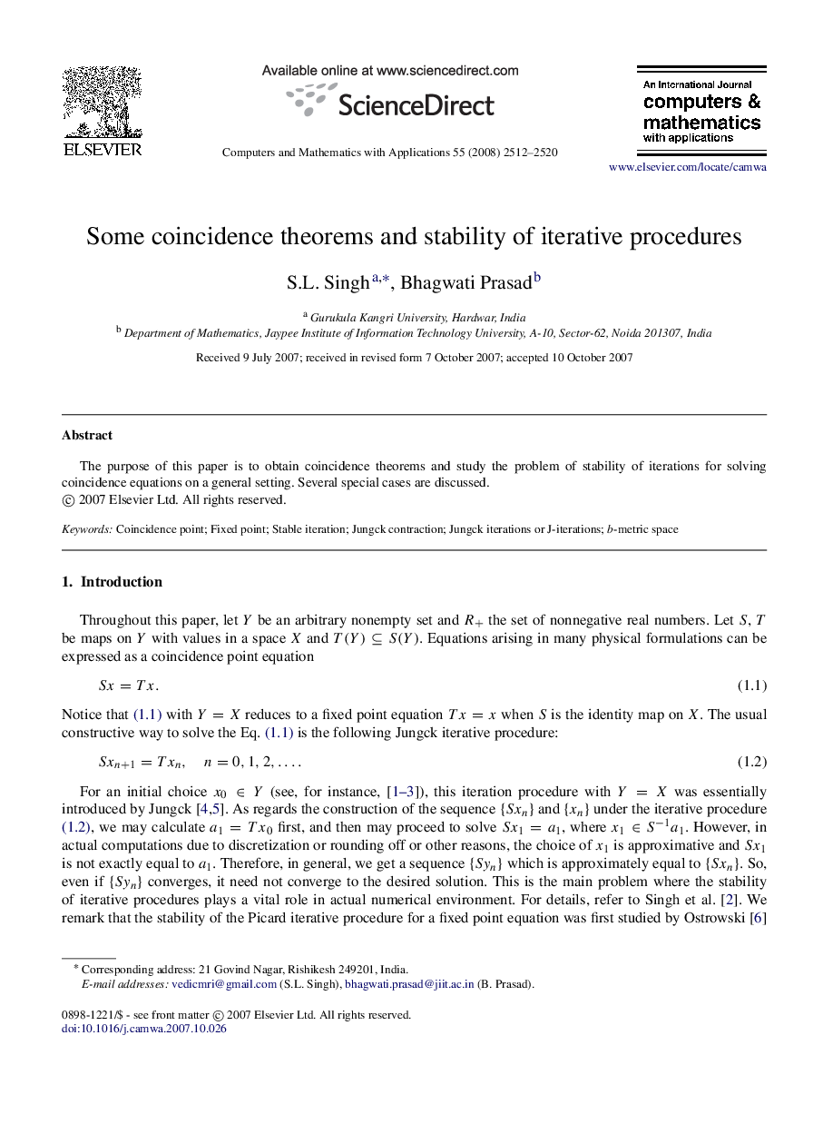 Some coincidence theorems and stability of iterative procedures