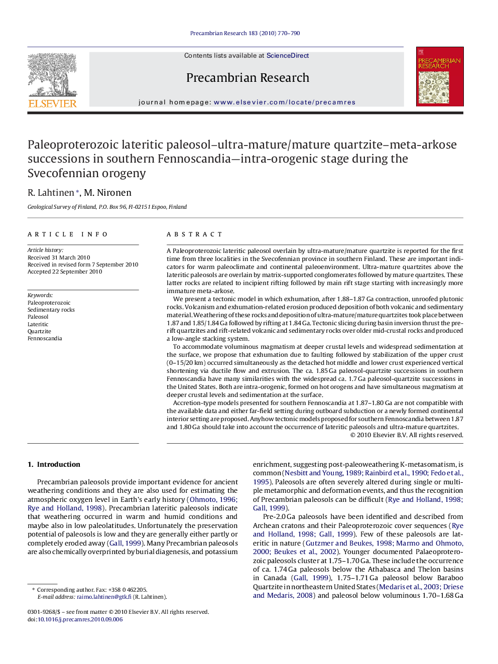 Paleoproterozoic lateritic paleosol-ultra-mature/mature quartzite-meta-arkose successions in southern Fennoscandia-intra-orogenic stage during the Svecofennian orogeny