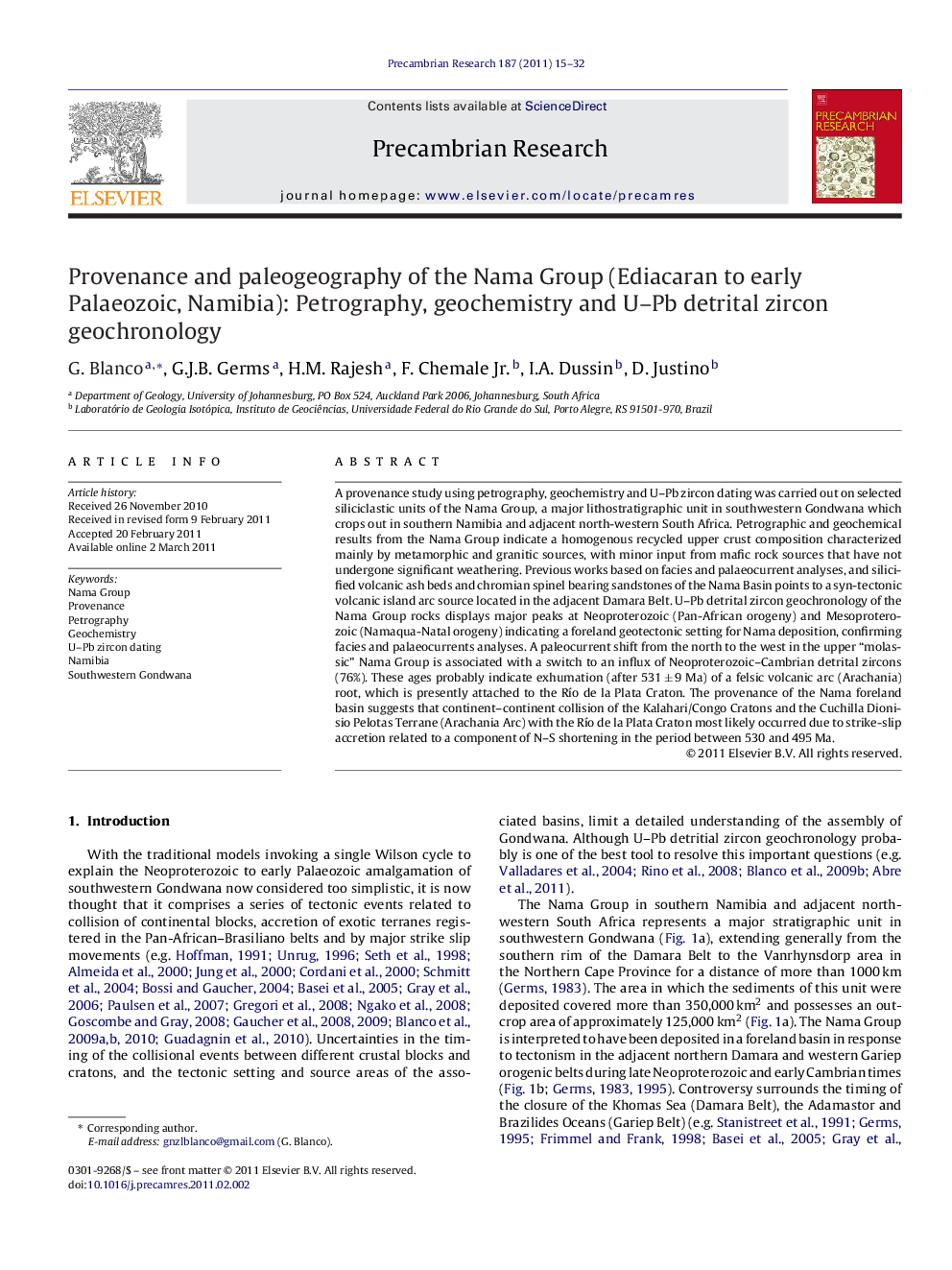 Provenance and paleogeography of the Nama Group (Ediacaran to early Palaeozoic, Namibia): Petrography, geochemistry and U–Pb detrital zircon geochronology