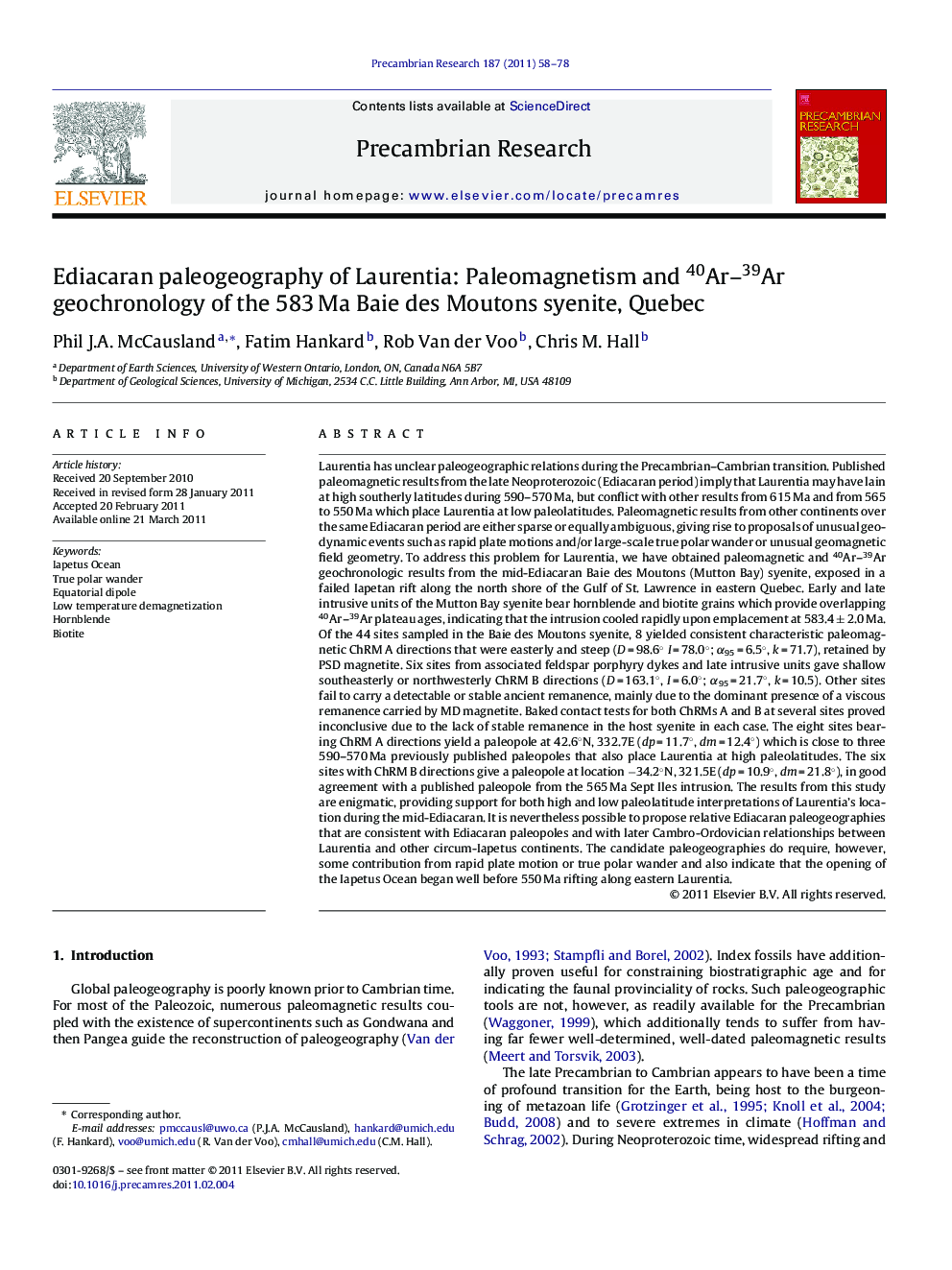 Ediacaran paleogeography of Laurentia: Paleomagnetism and 40Ar–39Ar geochronology of the 583 Ma Baie des Moutons syenite, Quebec