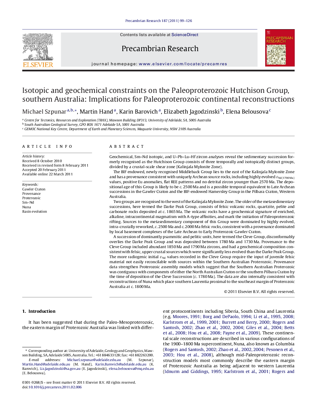 Isotopic and geochemical constraints on the Paleoproterozoic Hutchison Group, southern Australia: Implications for Paleoproterozoic continental reconstructions