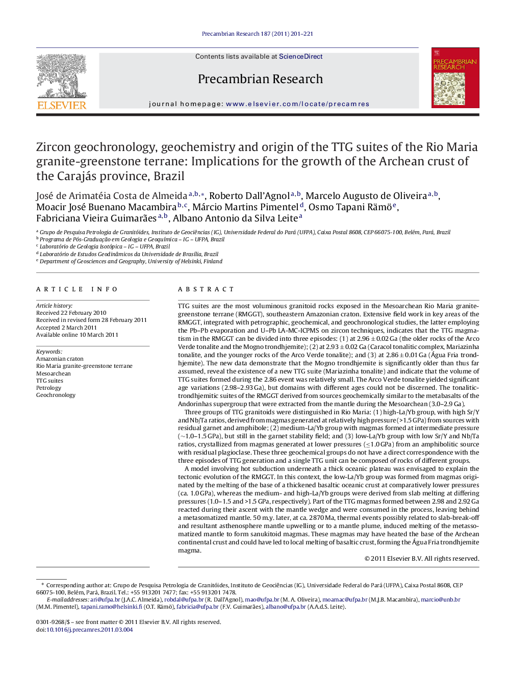 Zircon geochronology, geochemistry and origin of the TTG suites of the Rio Maria granite-greenstone terrane: Implications for the growth of the Archean crust of the Carajás province, Brazil