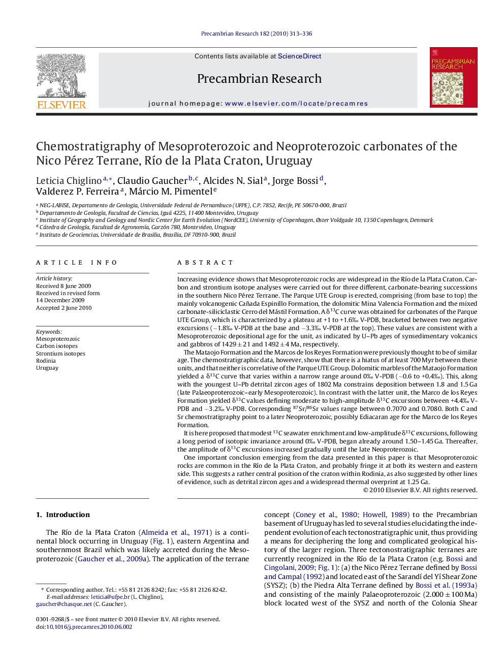 Chemostratigraphy of Mesoproterozoic and Neoproterozoic carbonates of the Nico Pérez Terrane, Río de la Plata Craton, Uruguay