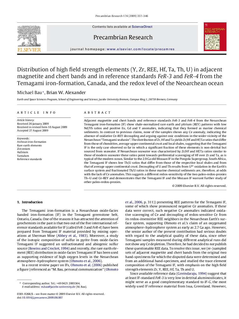 Distribution of high field strength elements (Y, Zr, REE, Hf, Ta, Th, U) in adjacent magnetite and chert bands and in reference standards FeR-3 and FeR-4 from the Temagami iron-formation, Canada, and the redox level of the Neoarchean ocean