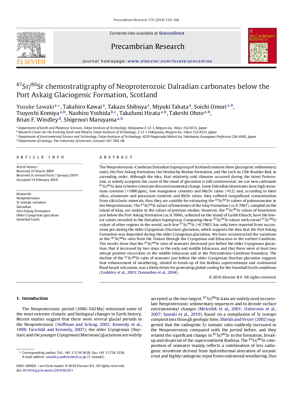 عکس صفحه اول مقاله: 87Sr/86Sr chemostratigraphy of Neoproterozoic Dalradian carbonates below the Port Askaig Glaciogenic Formation, Scotland 87Sr/86Sr chemostratigraphy of Neoproterozoic Dalradian carbonates below the Port Askaig Glaciogenic Formation, Scotland
