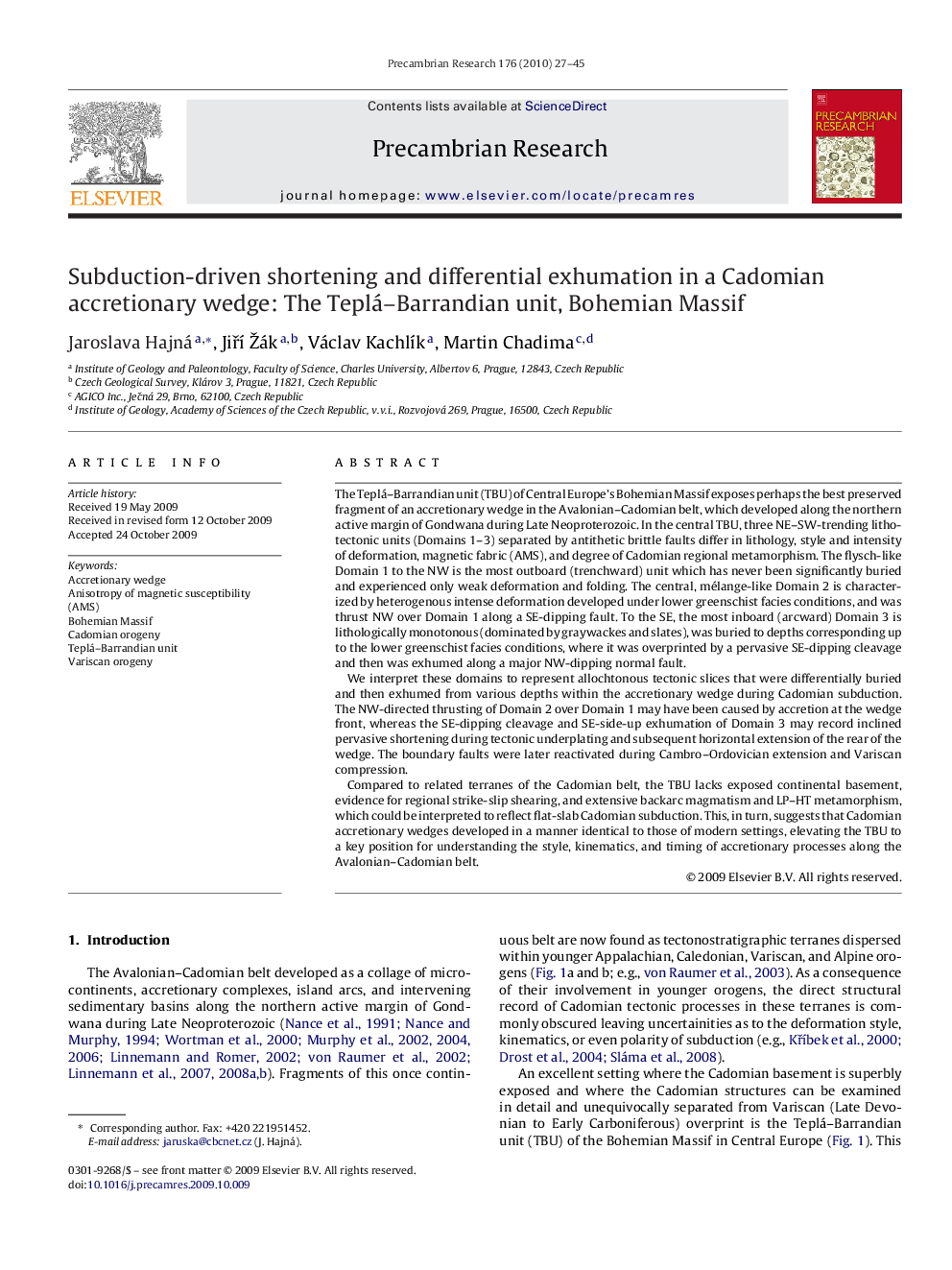 Subduction-driven shortening and differential exhumation in a Cadomian accretionary wedge: The Teplá–Barrandian unit, Bohemian Massif