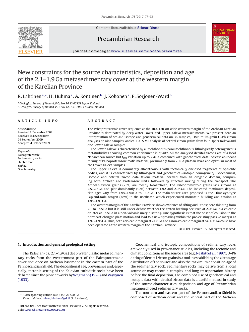 New constraints for the source characteristics, deposition and age of the 2.1–1.9 Ga metasedimentary cover at the western margin of the Karelian Province