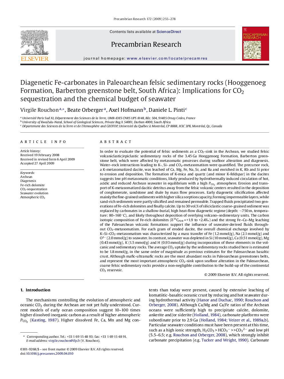 Diagenetic Fe-carbonates in Paleoarchean felsic sedimentary rocks (Hooggenoeg Formation, Barberton greenstone belt, South Africa): Implications for CO2 sequestration and the chemical budget of seawater