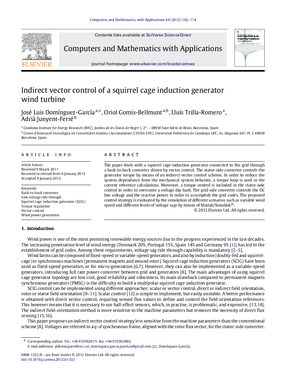 Indirect vector control of a squirrel cage induction generator wind turbine