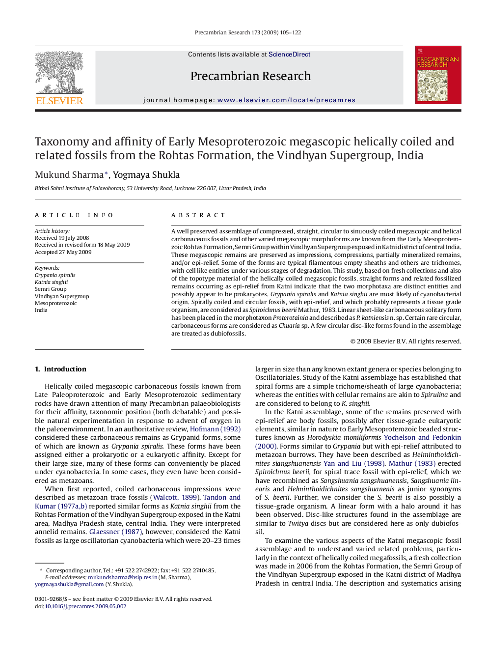 Taxonomy and affinity of Early Mesoproterozoic megascopic helically coiled and related fossils from the Rohtas Formation, the Vindhyan Supergroup, India