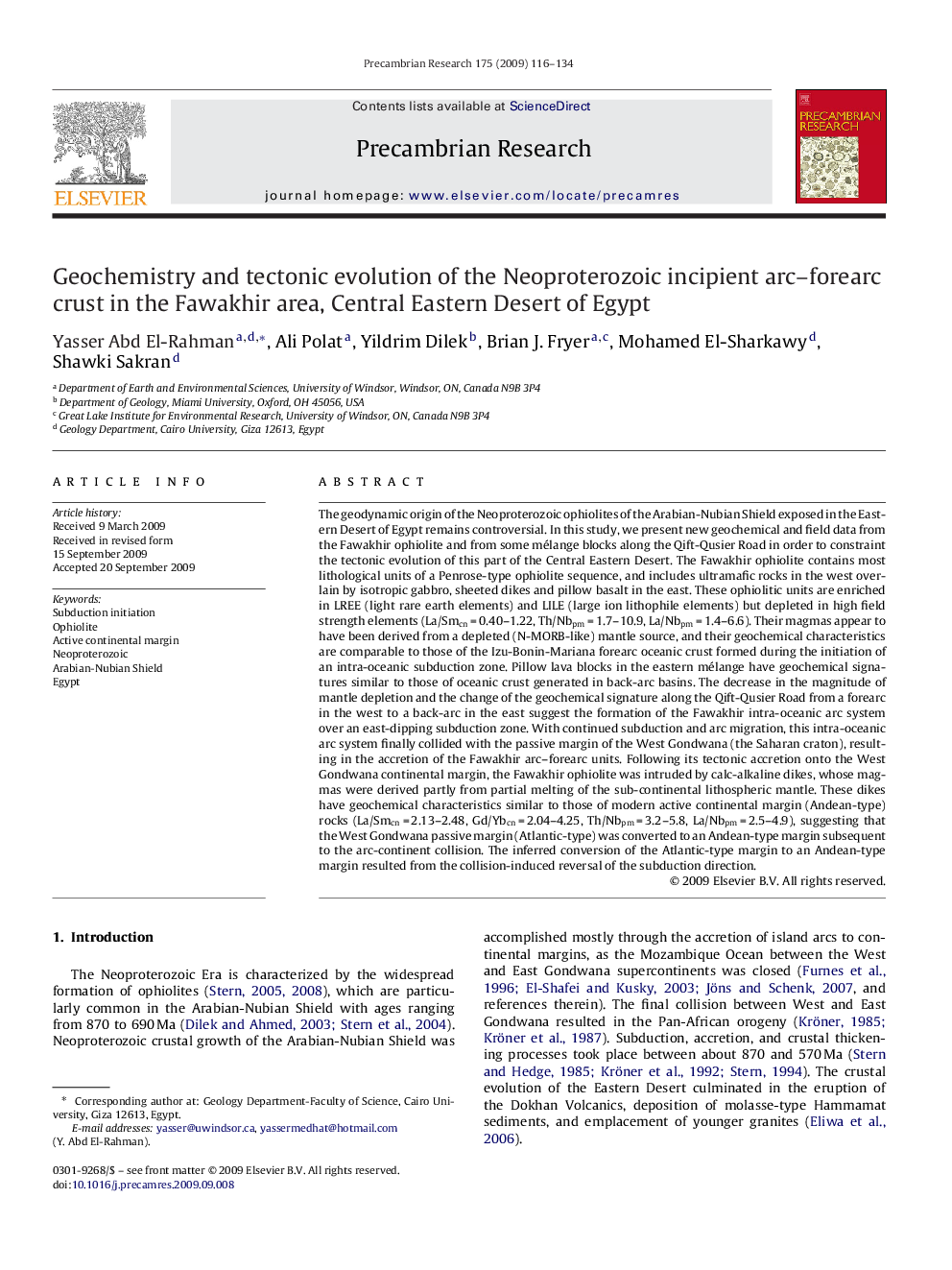 Geochemistry and tectonic evolution of the Neoproterozoic incipient arc–forearc crust in the Fawakhir area, Central Eastern Desert of Egypt