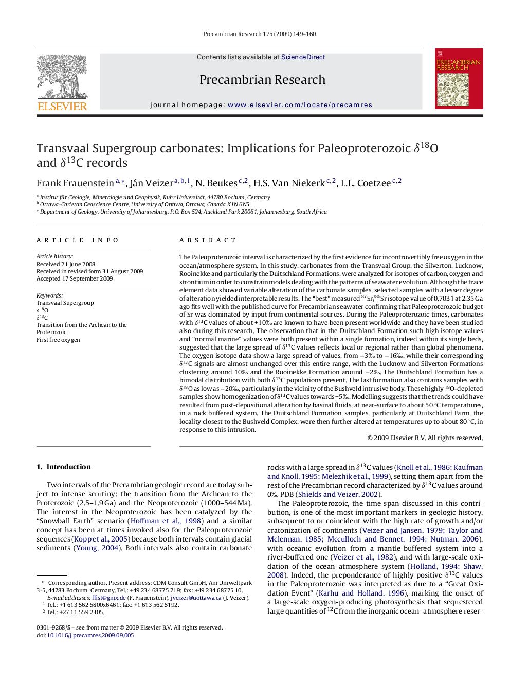 Transvaal Supergroup carbonates: Implications for Paleoproterozoic δ18O and δ13C records