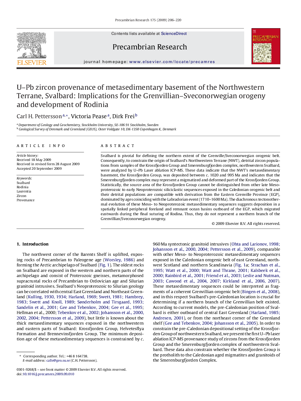 U–Pb zircon provenance of metasedimentary basement of the Northwestern Terrane, Svalbard: Implications for the Grenvillian–Sveconorwegian orogeny and development of Rodinia