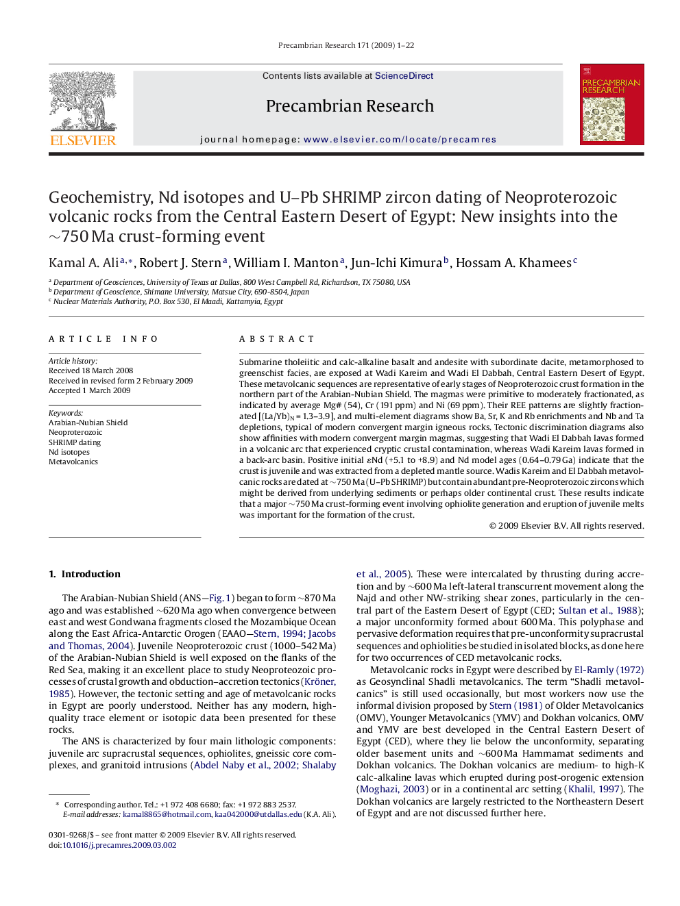 Geochemistry, Nd isotopes and U–Pb SHRIMP zircon dating of Neoproterozoic volcanic rocks from the Central Eastern Desert of Egypt: New insights into the ∼750 Ma crust-forming event