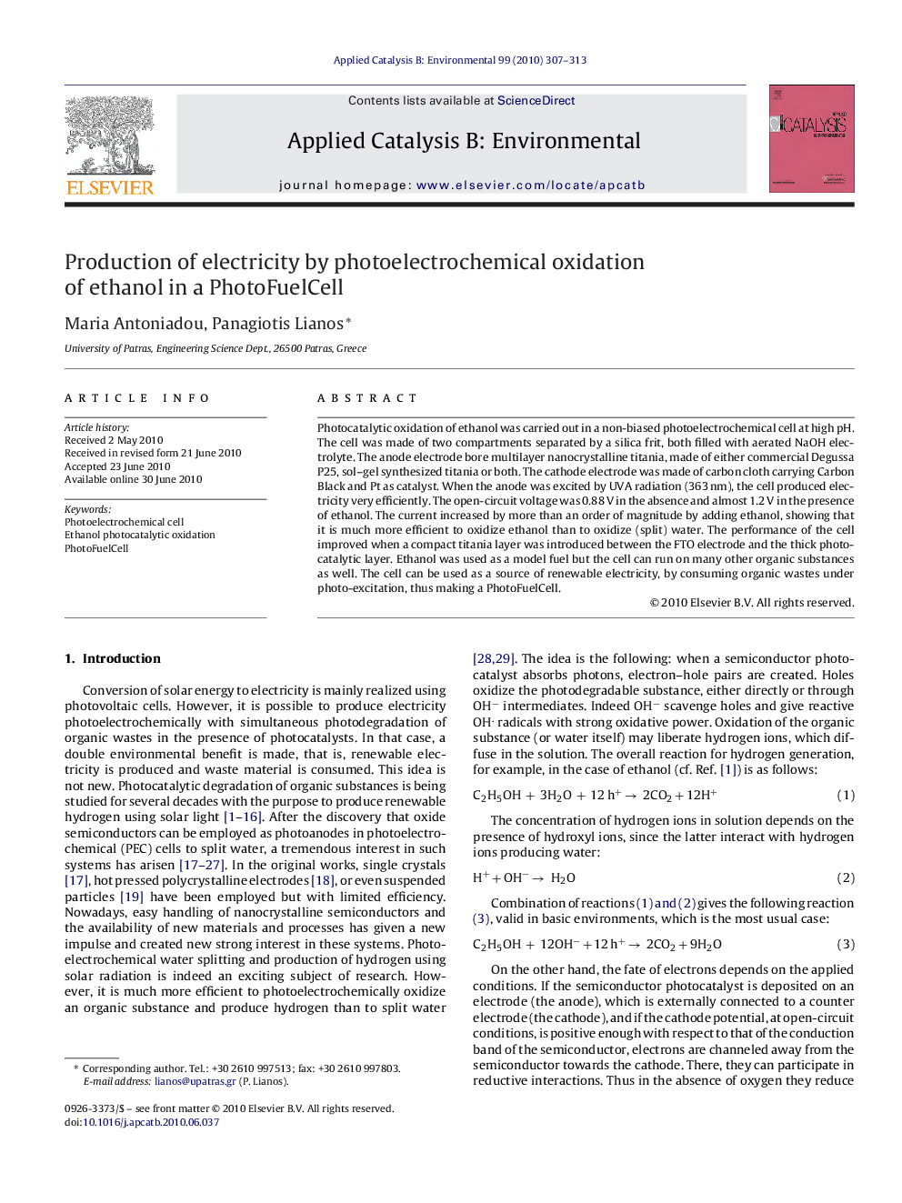 Production of electricity by photoelectrochemical oxidation of ethanol in a PhotoFuelCell