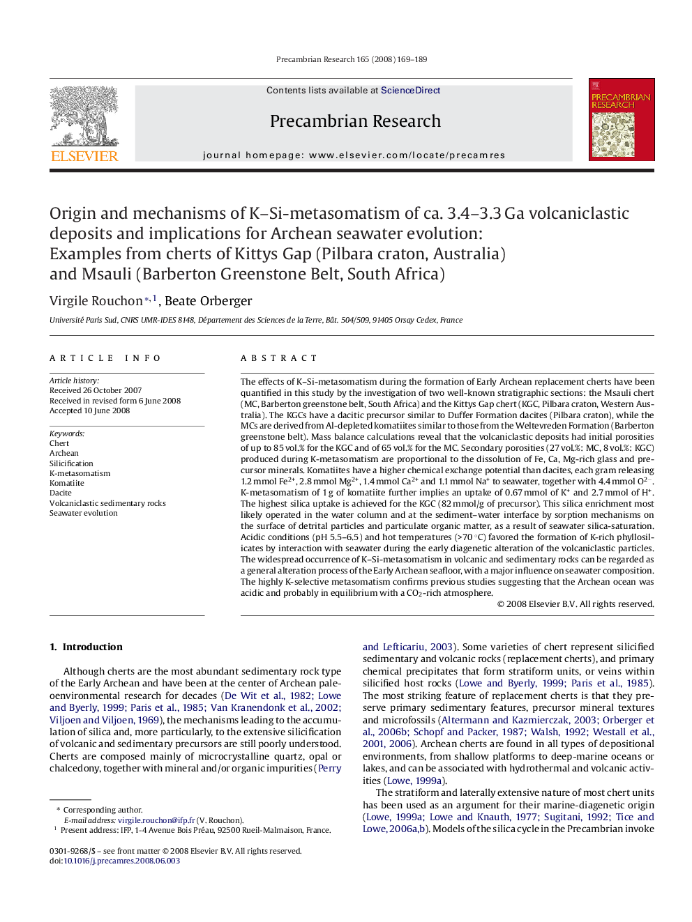 Origin and mechanisms of K–Si-metasomatism of ca. 3.4–3.3 Ga volcaniclastic deposits and implications for Archean seawater evolution: Examples from cherts of Kittys Gap (Pilbara craton, Australia) and Msauli (Barberton Greenstone Belt, South Africa)