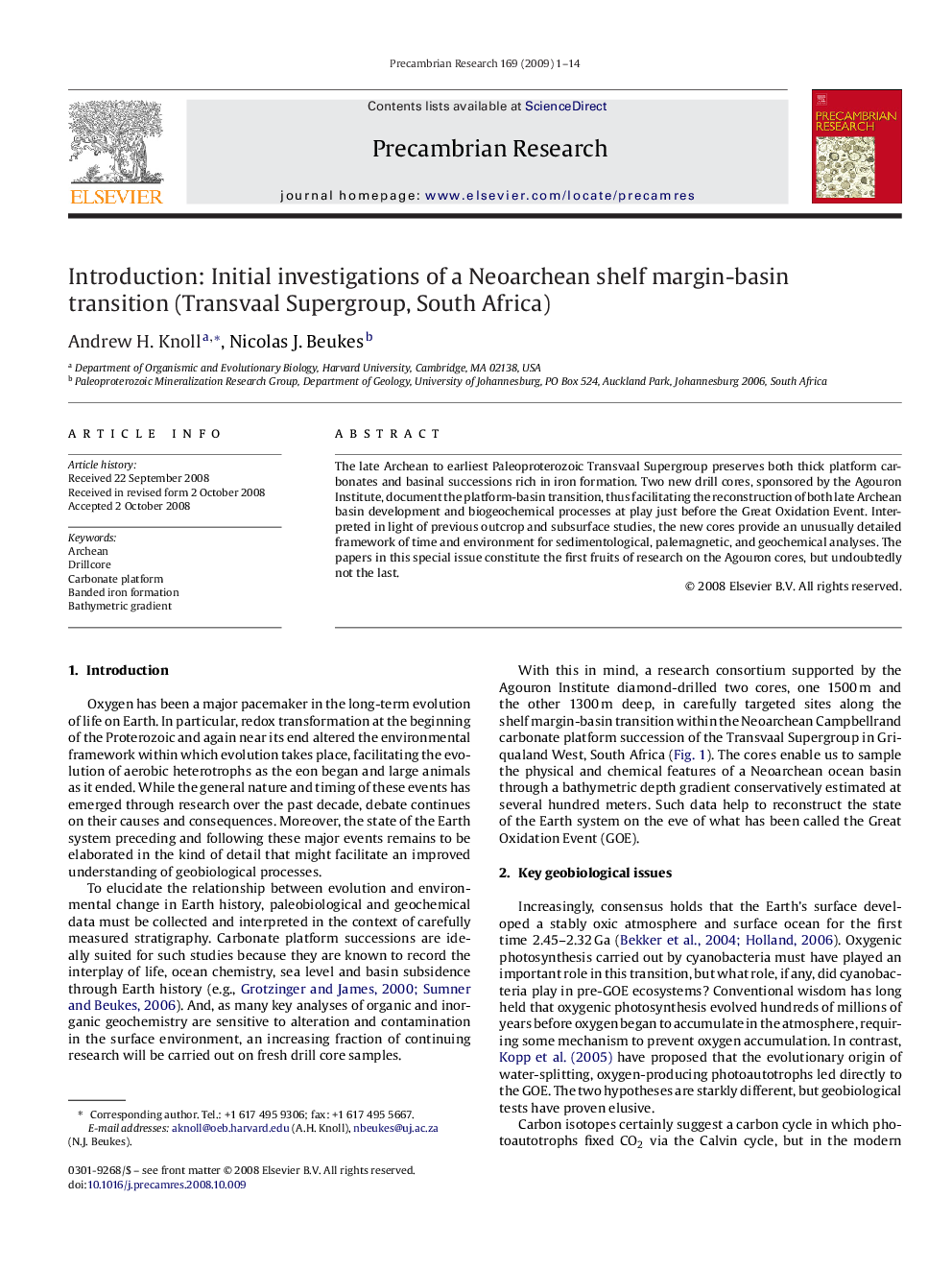 Introduction: Initial investigations of a Neoarchean shelf margin-basin transition (Transvaal Supergroup, South Africa)