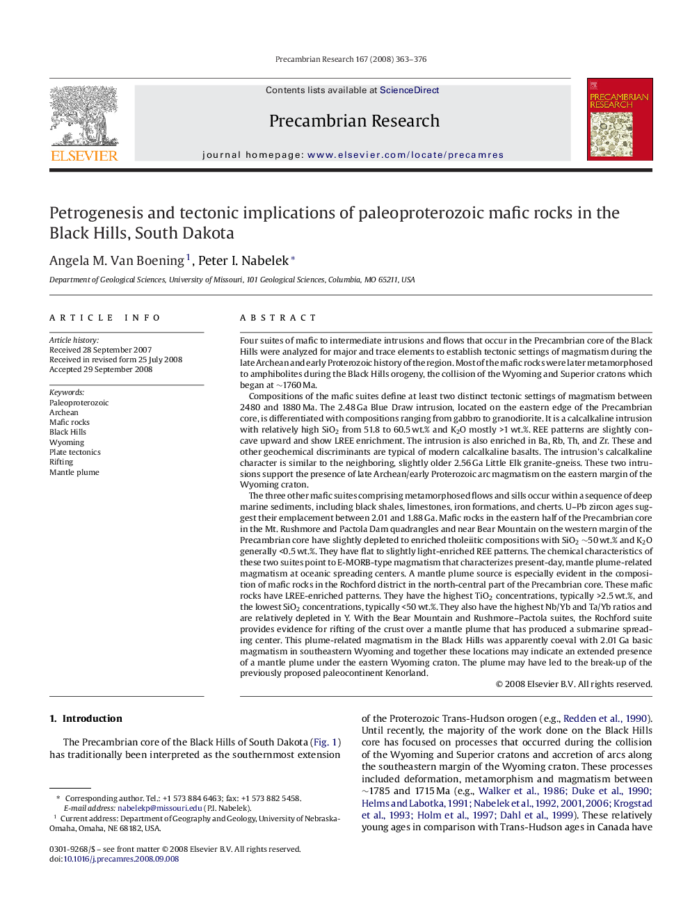 Petrogenesis and tectonic implications of paleoproterozoic mafic rocks in the Black Hills, South Dakota