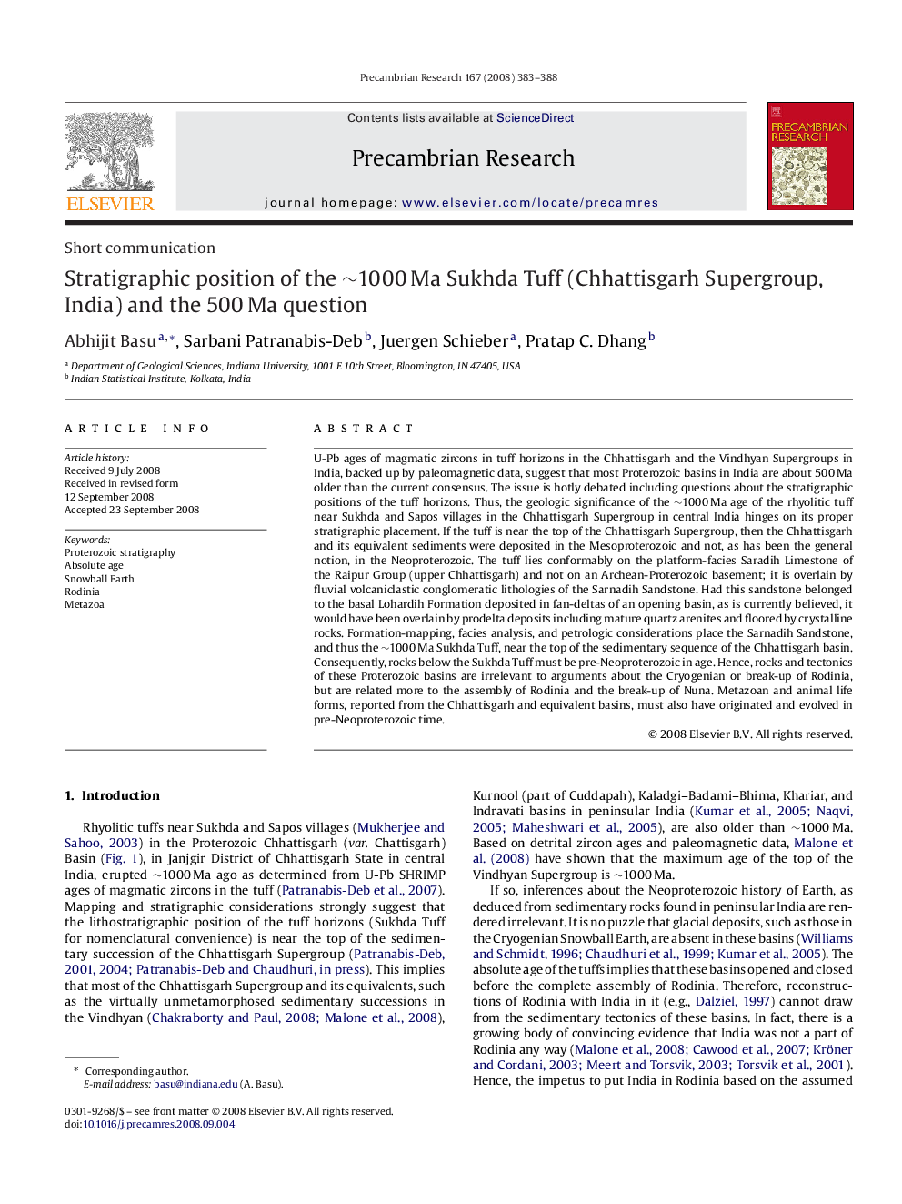 Stratigraphic position of the ∼1000 Ma Sukhda Tuff (Chhattisgarh Supergroup, India) and the 500 Ma question