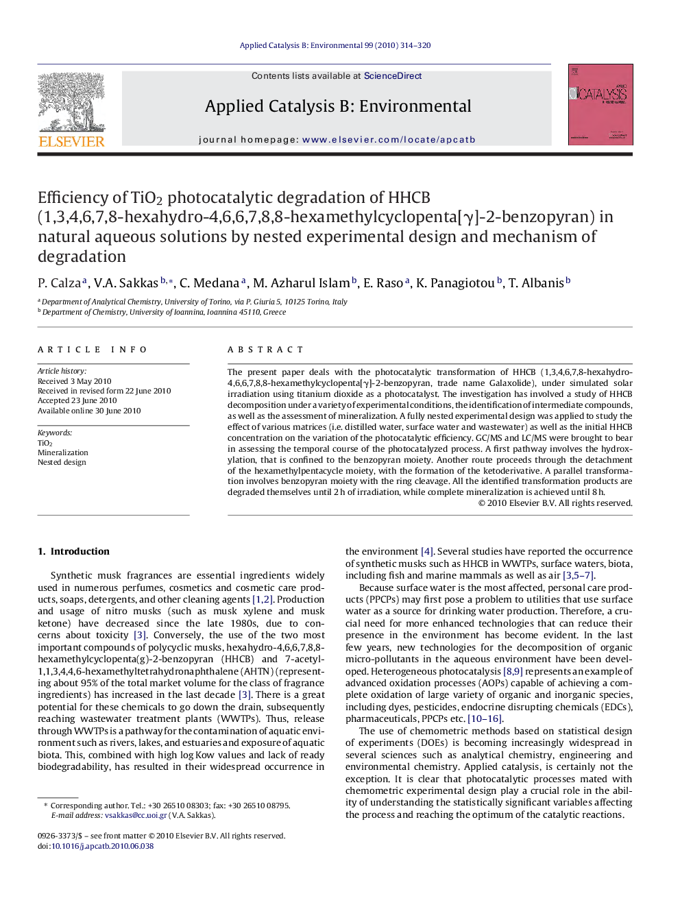 Efficiency of TiO2 photocatalytic degradation of HHCB (1,3,4,6,7,8-hexahydro-4,6,6,7,8,8-hexamethylcyclopenta[γ]-2-benzopyran) in natural aqueous solutions by nested experimental design and mechanism of degradation