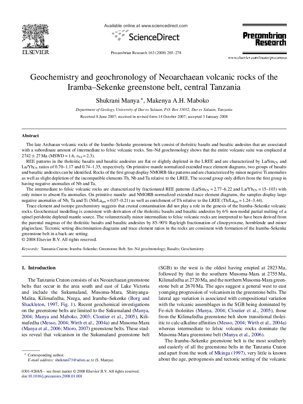 Geochemistry and geochronology of Neoarchaean volcanic rocks of the Iramba–Sekenke greenstone belt, central Tanzania